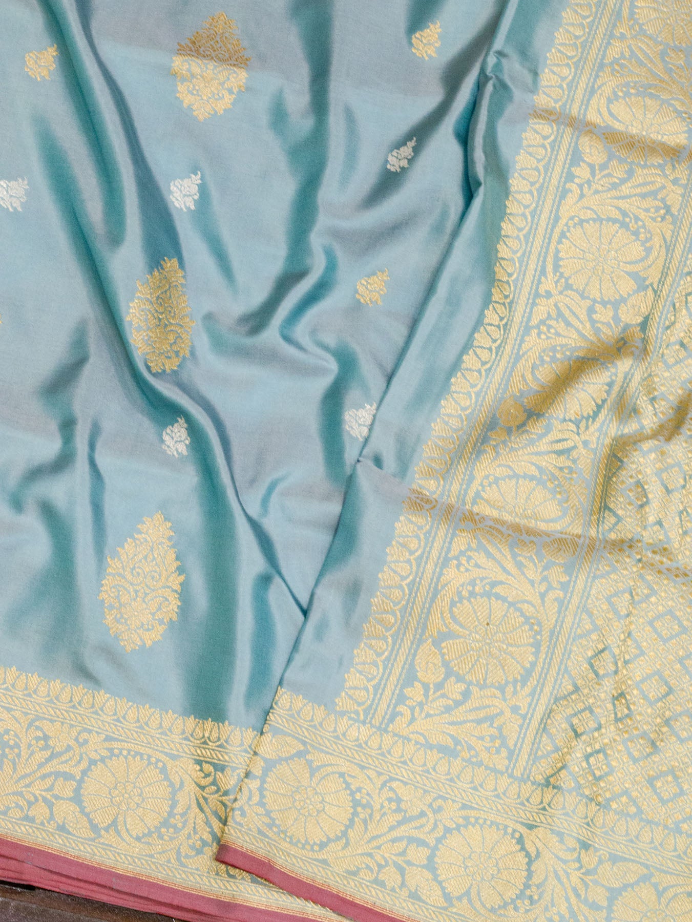Sea Blue Pure Katan Silk Handloom Saree Kadhwa Gold & Silver Zari Buti