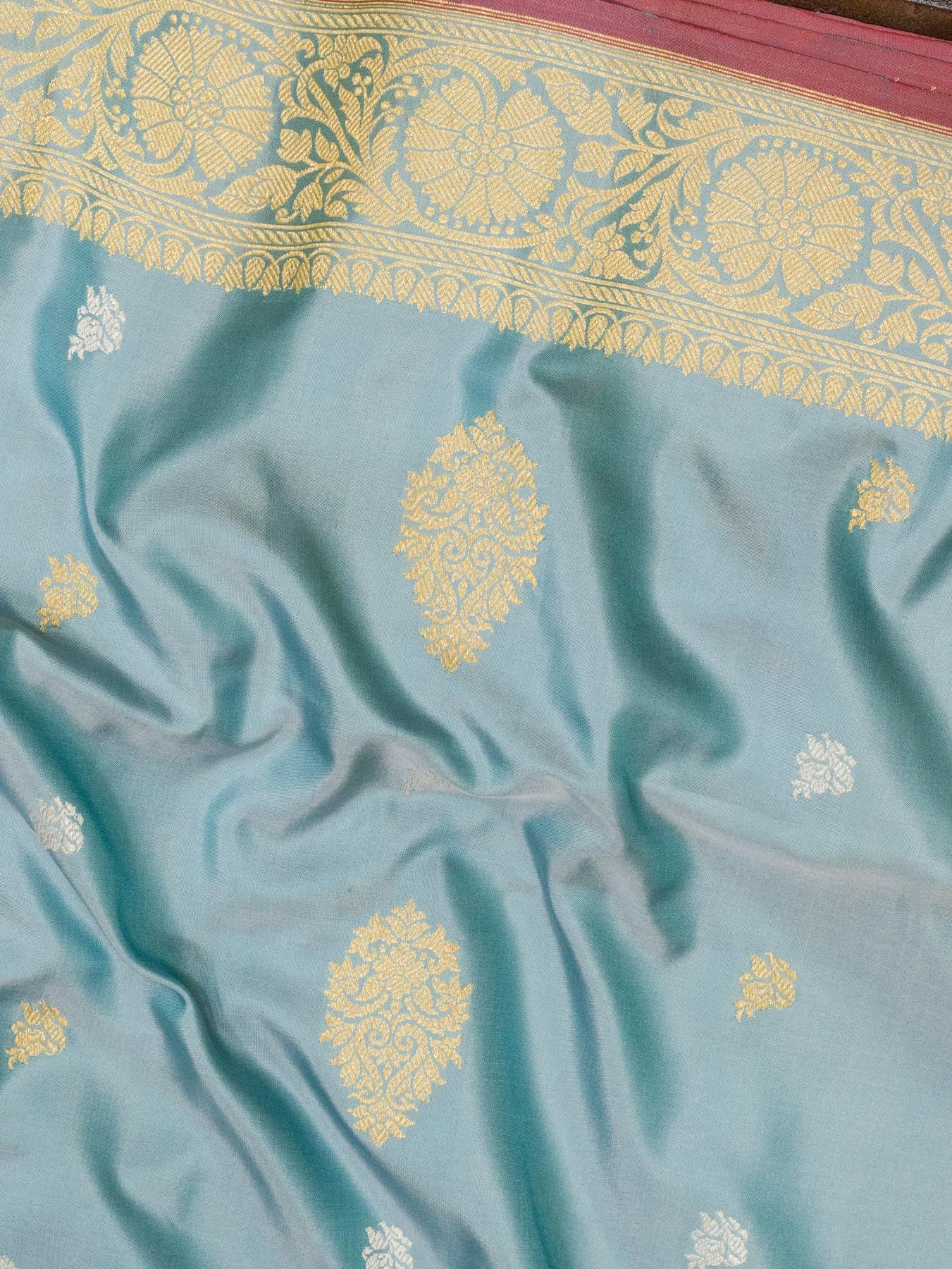 Sea Blue Pure Katan Silk Handloom Saree Kadhwa Gold & Silver Zari Buti