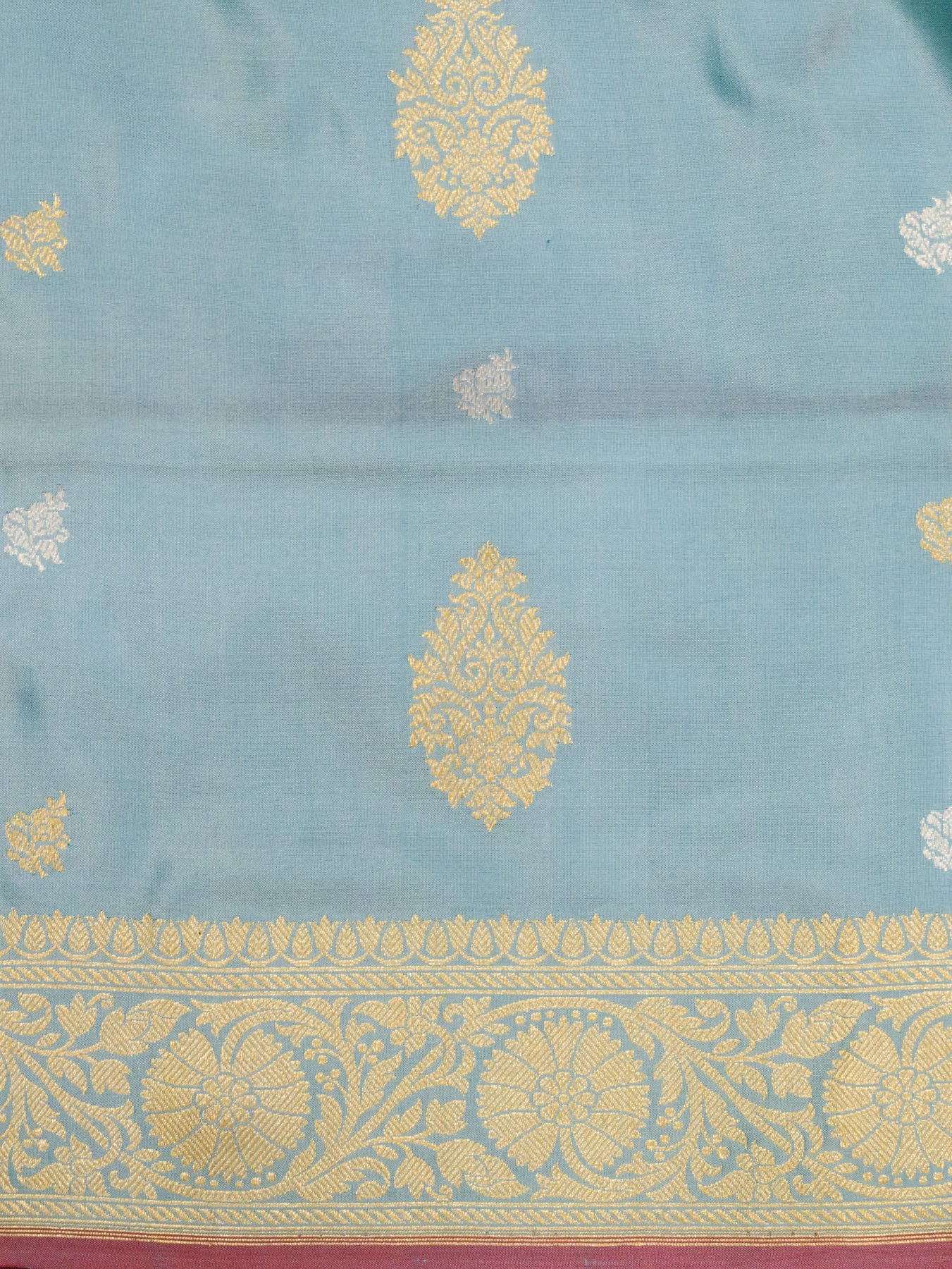 Sea Blue Pure Katan Silk Handloom Saree Kadhwa Gold & Silver Zari Buti