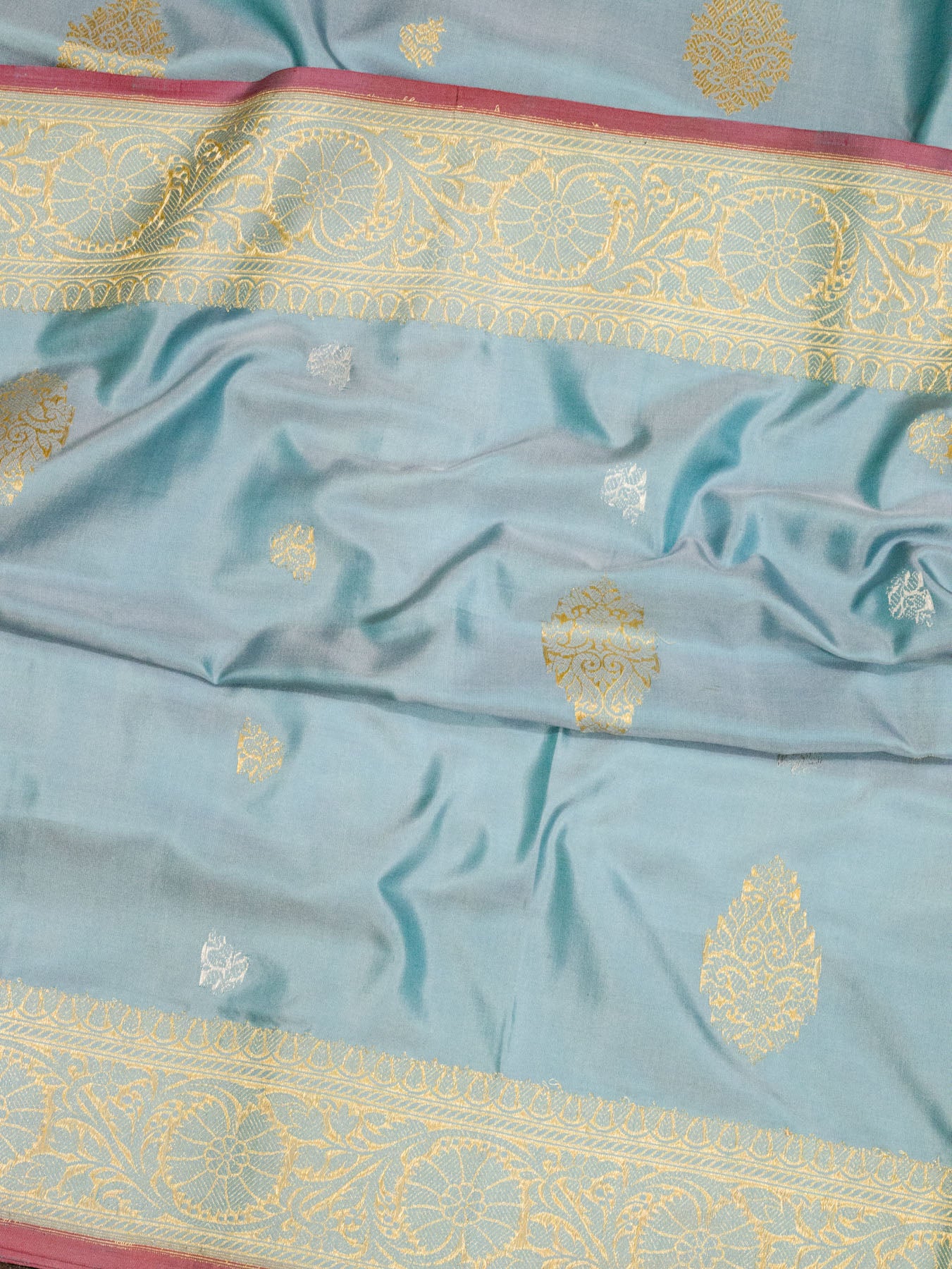 Sea Blue Pure Katan Silk Handloom Saree Kadhwa Gold & Silver Zari Buti