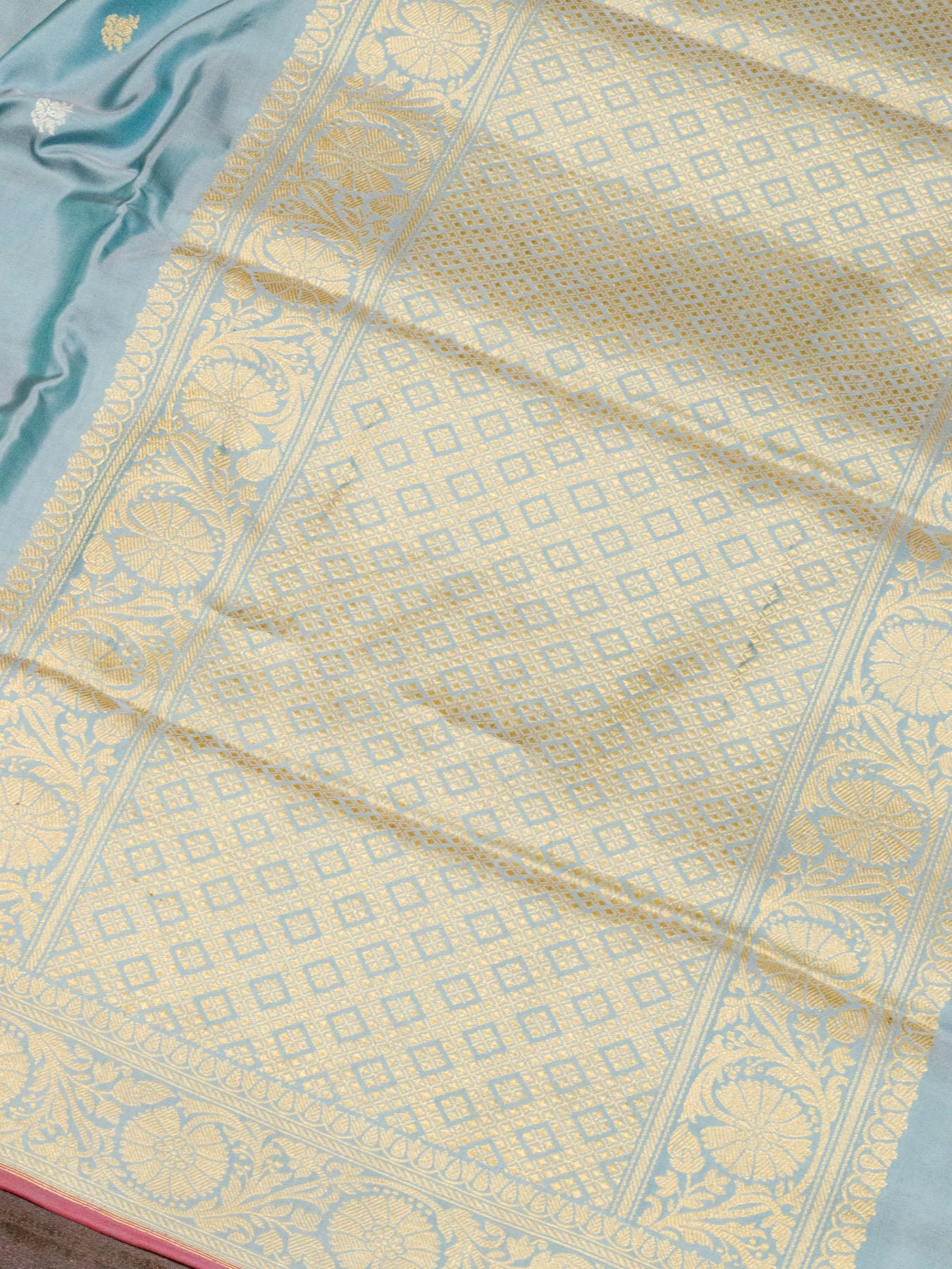 Sea Blue Pure Katan Silk Handloom Saree Kadhwa Gold & Silver Zari Buti