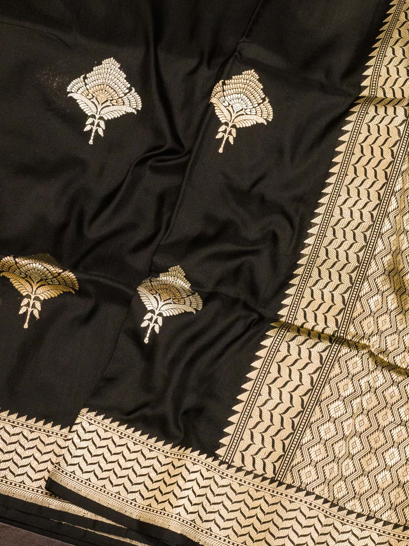 Black Pure Katan Silk Handloom Saree Kadhwa Gold & Silver Zari Buti