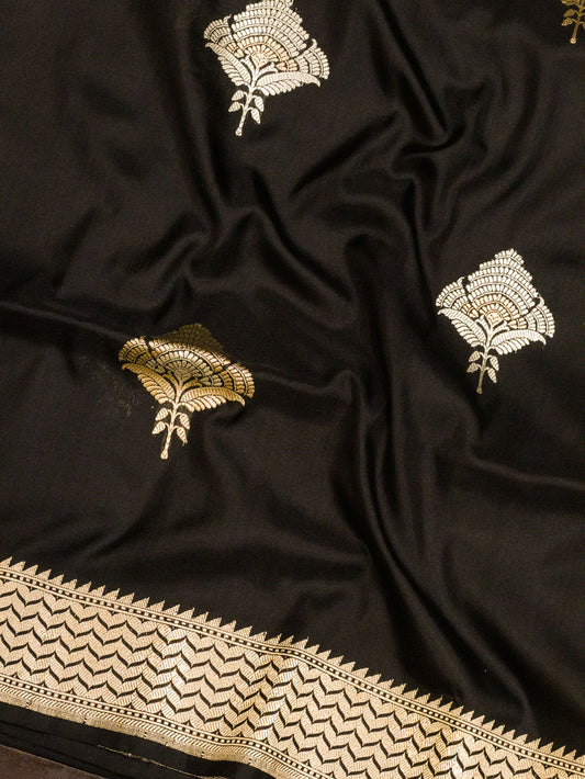 Black Pure Katan Silk Handloom Saree Kadhwa Gold & Silver Zari Buti