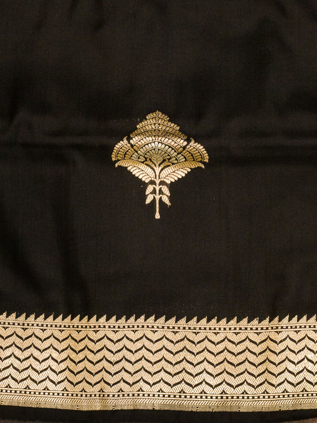 Black Pure Katan Silk Handloom Saree Kadhwa Gold & Silver Zari Buti