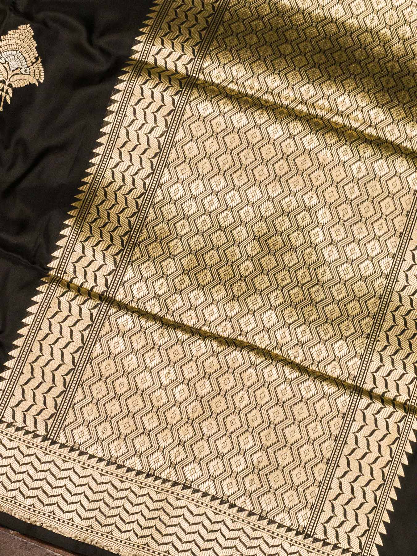 Black Pure Katan Silk Handloom Saree Kadhwa Gold & Silver Zari Buti