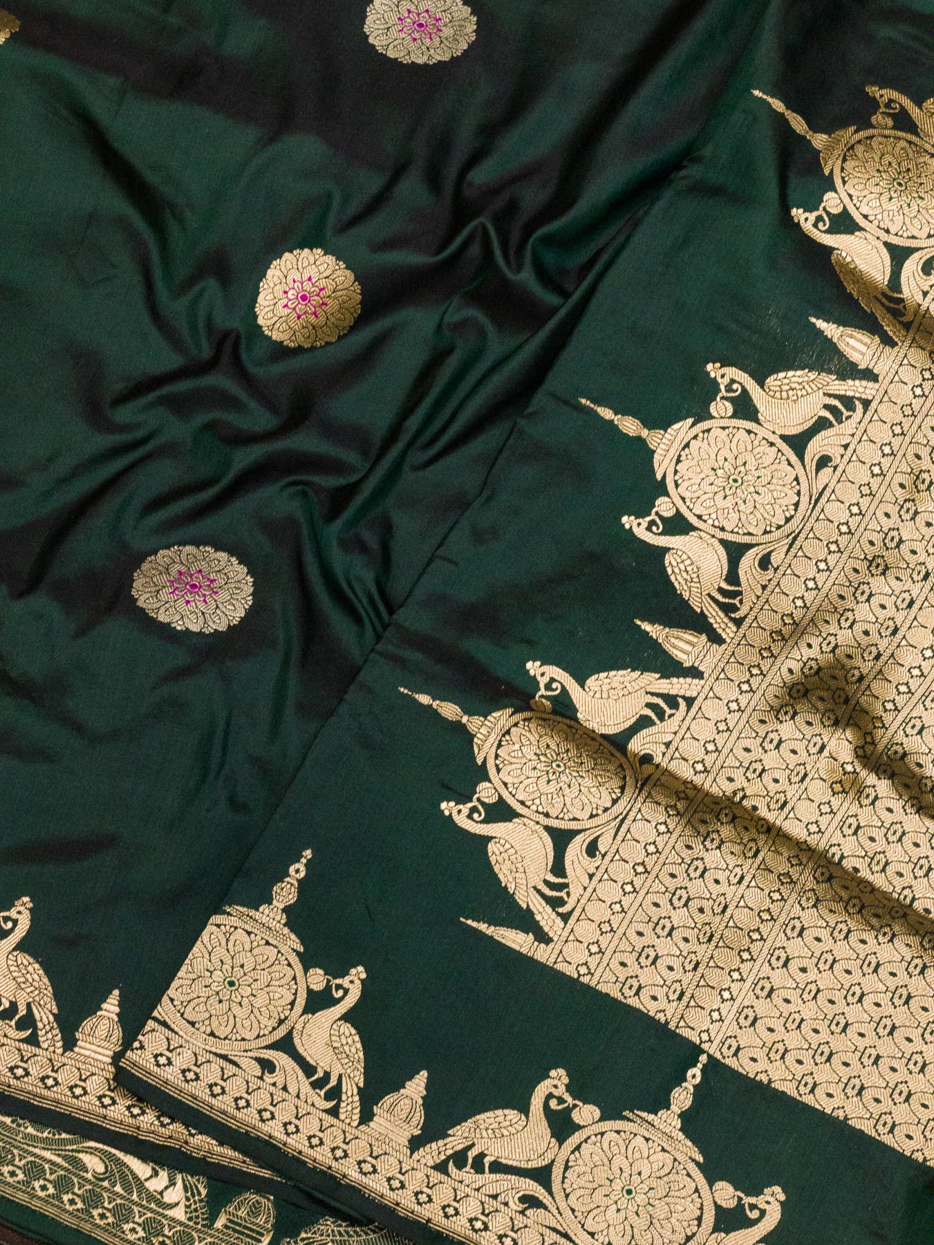 Bottle Green Pure Katan Silk Handloom Saree Kadhwa Gold & Silver Zari Buti & Shikargah Border