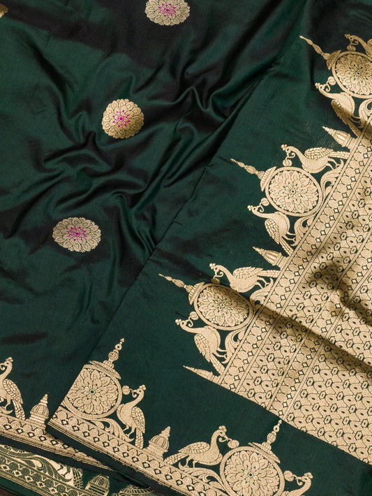 Bottle Green Pure Katan Silk Handloom Saree Kadhwa Gold & Silver Zari Buti & Shikargah Border