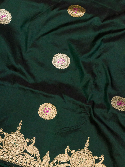 Bottle Green Pure Katan Silk Handloom Saree Kadhwa Gold & Silver Zari Buti & Shikargah Border