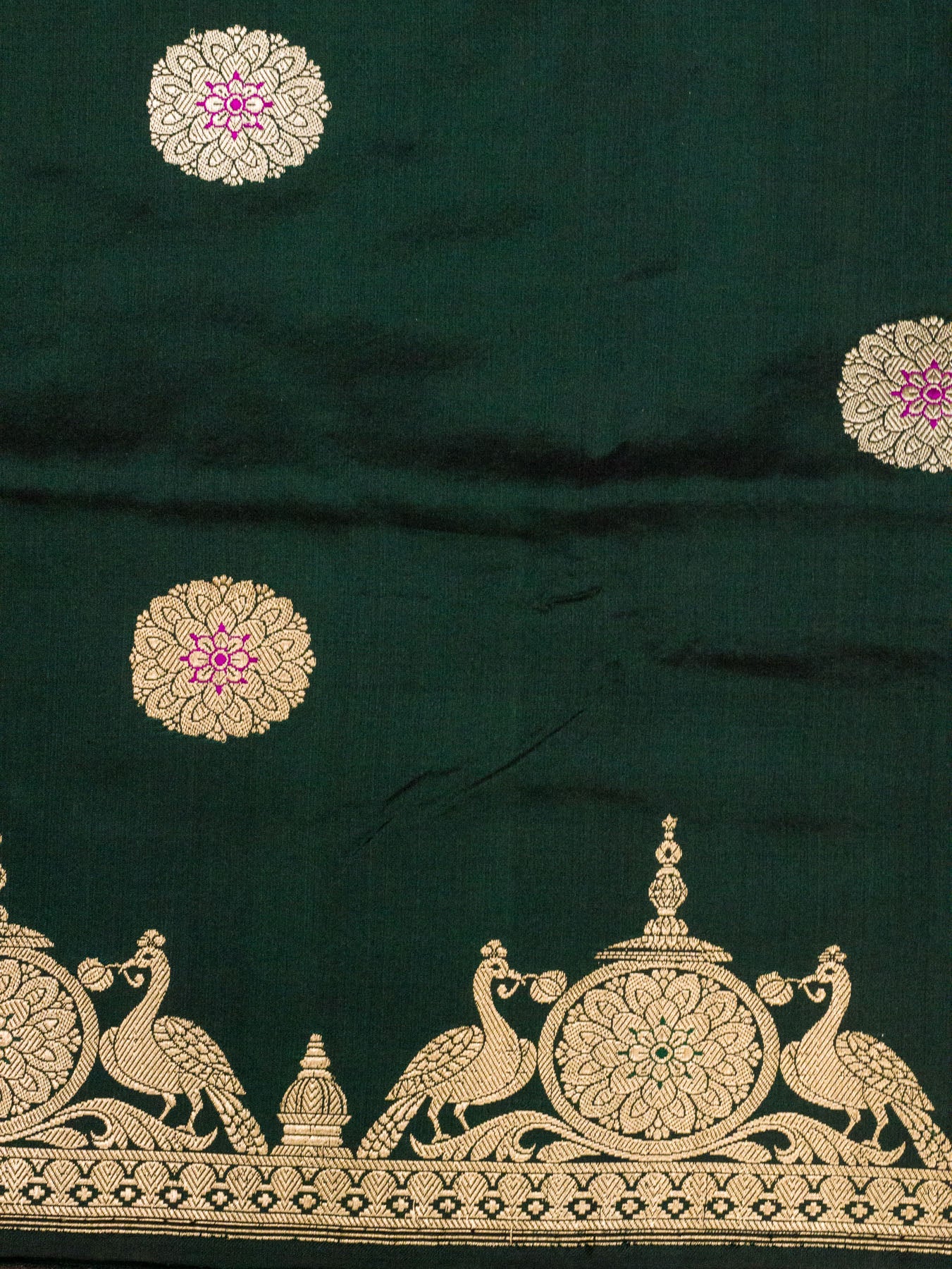 Bottle Green Pure Katan Silk Handloom Saree Kadhwa Gold & Silver Zari Buti & Shikargah Border