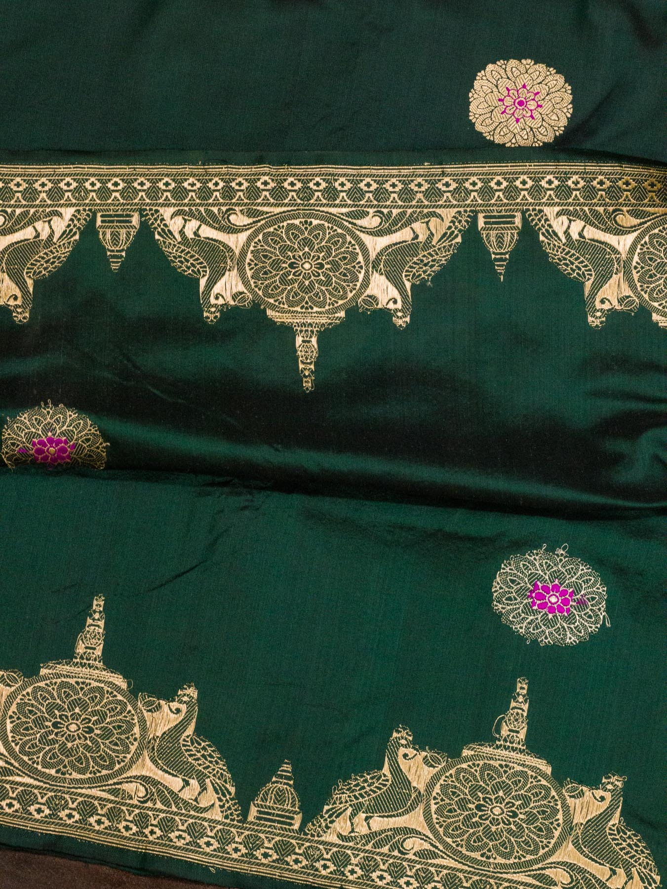 Bottle Green Pure Katan Silk Handloom Saree Kadhwa Gold & Silver Zari Buti & Shikargah Border
