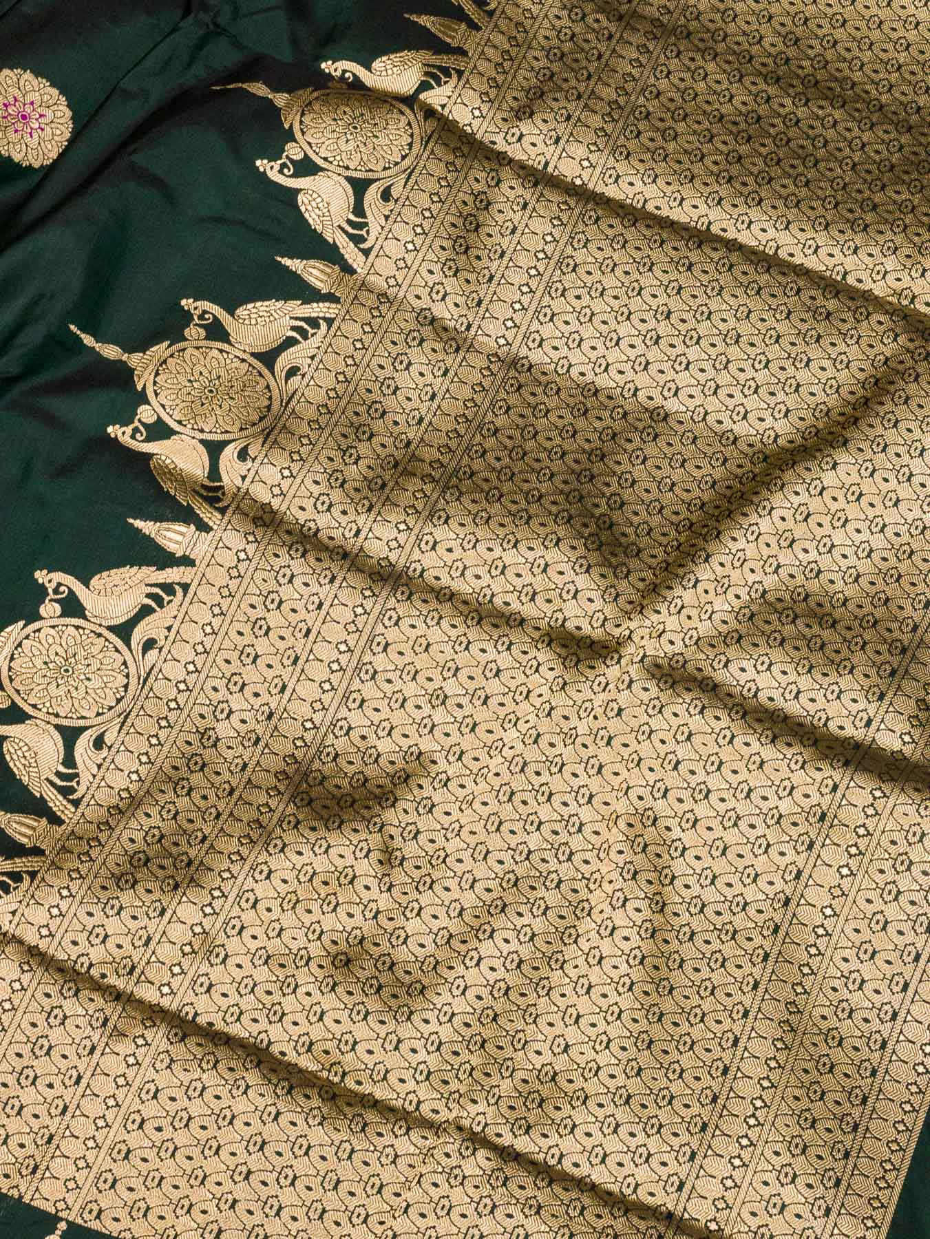 Bottle Green Pure Katan Silk Handloom Saree Kadhwa Gold & Silver Zari Buti & Shikargah Border