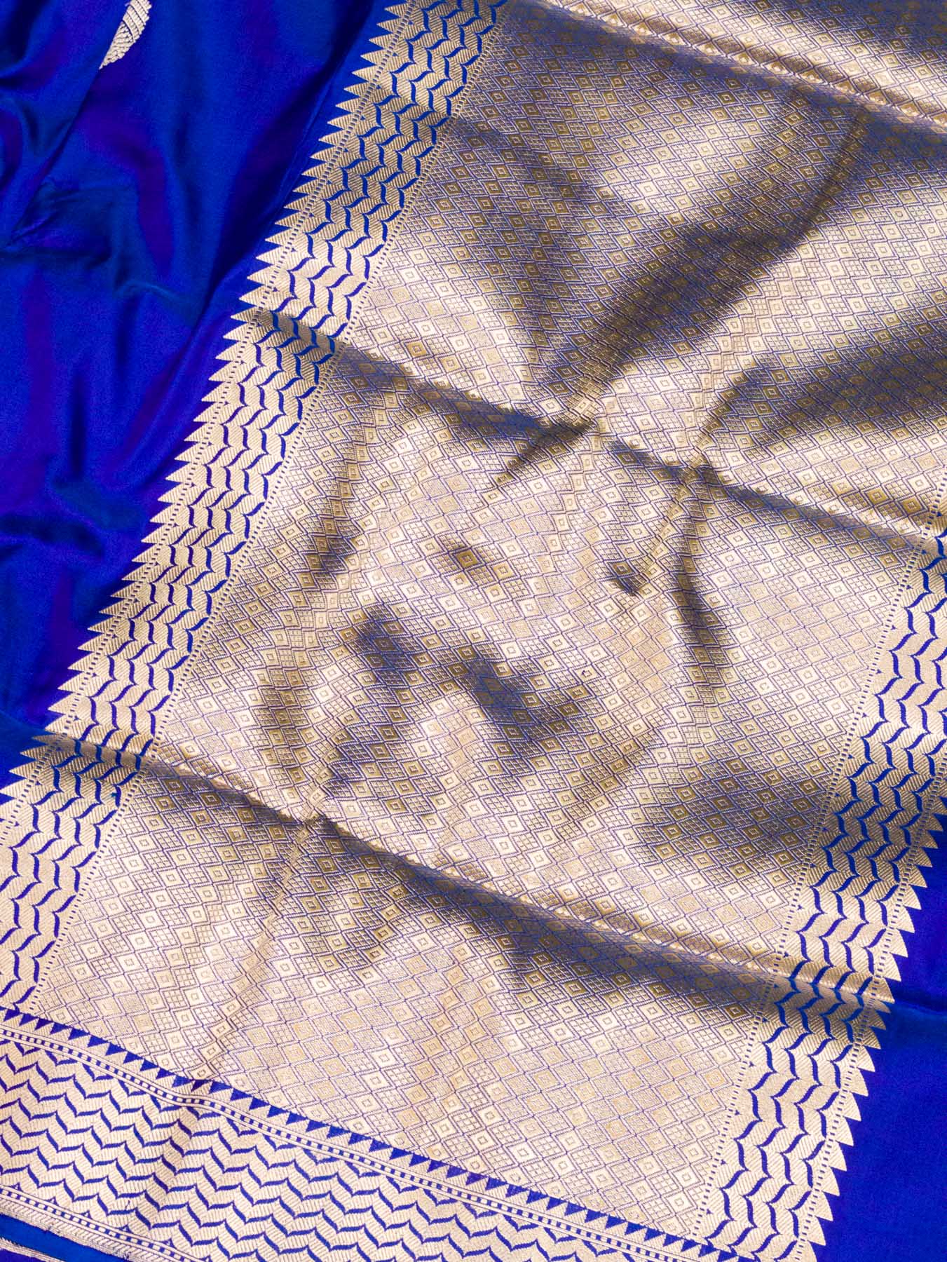 Royal Blue Pure Katan Silk Handloom Saree Kadhwa Gold & Silver Zari Buti