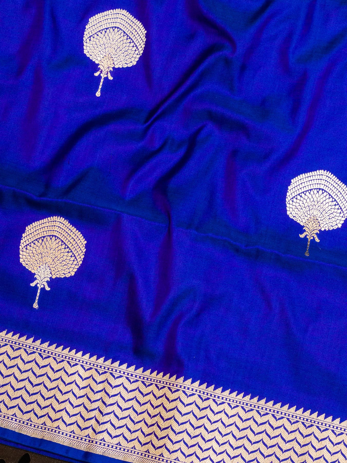 Royal Blue Pure Katan Silk Handloom Saree Kadhwa Gold & Silver Zari Buti