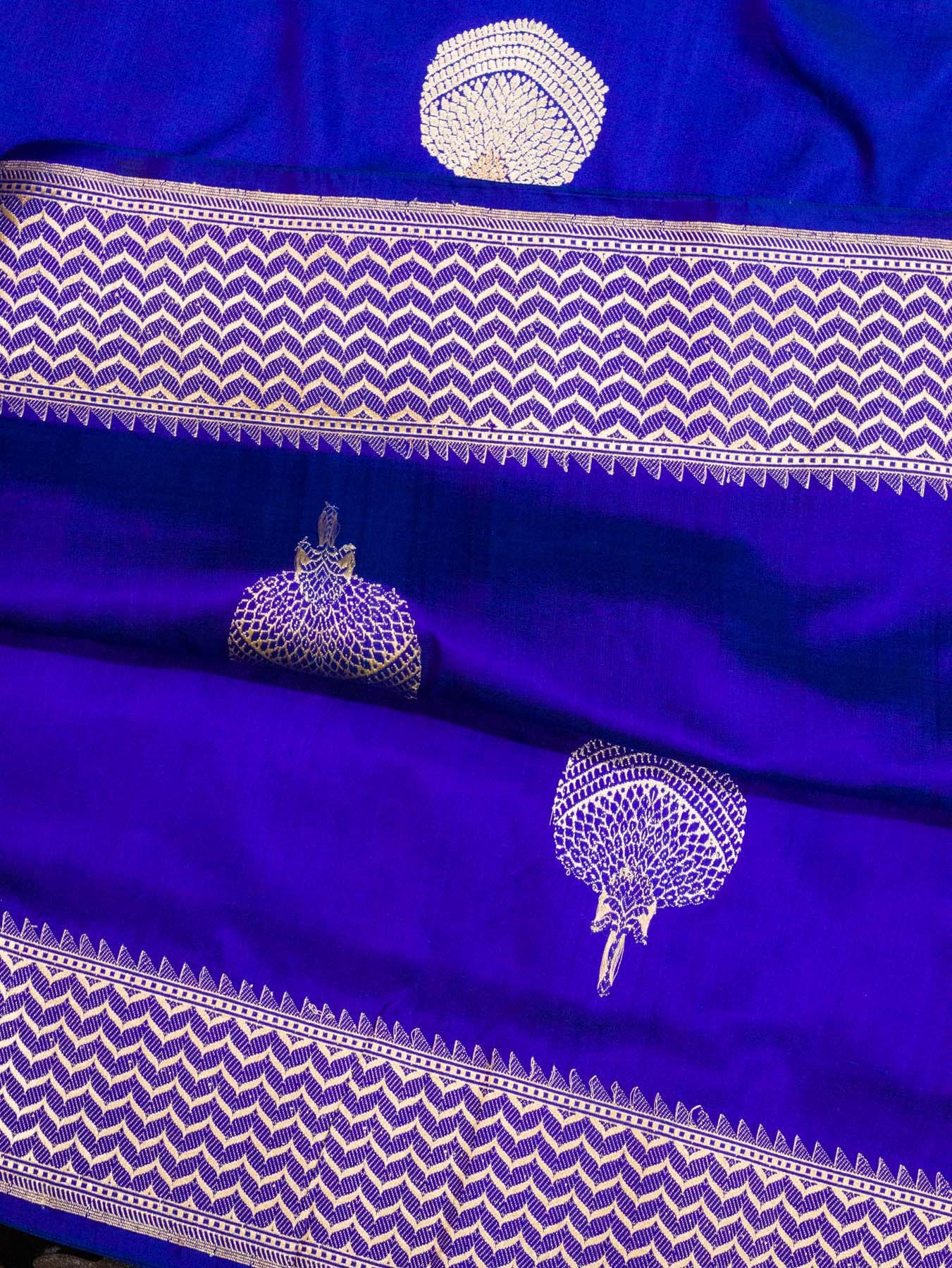 Royal Blue Pure Katan Silk Handloom Saree Kadhwa Gold & Silver Zari Buti