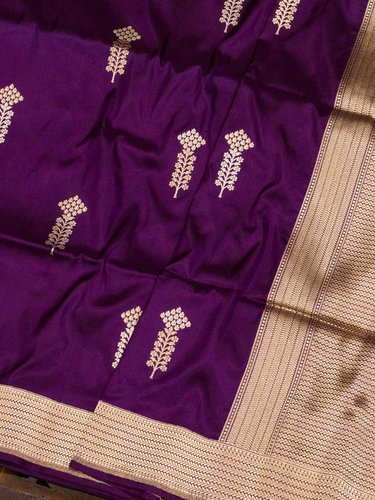 Magenta Purple Pure Katan Silk Handloom Saree Kadhwa Gold & Silver Zari Floral Buti