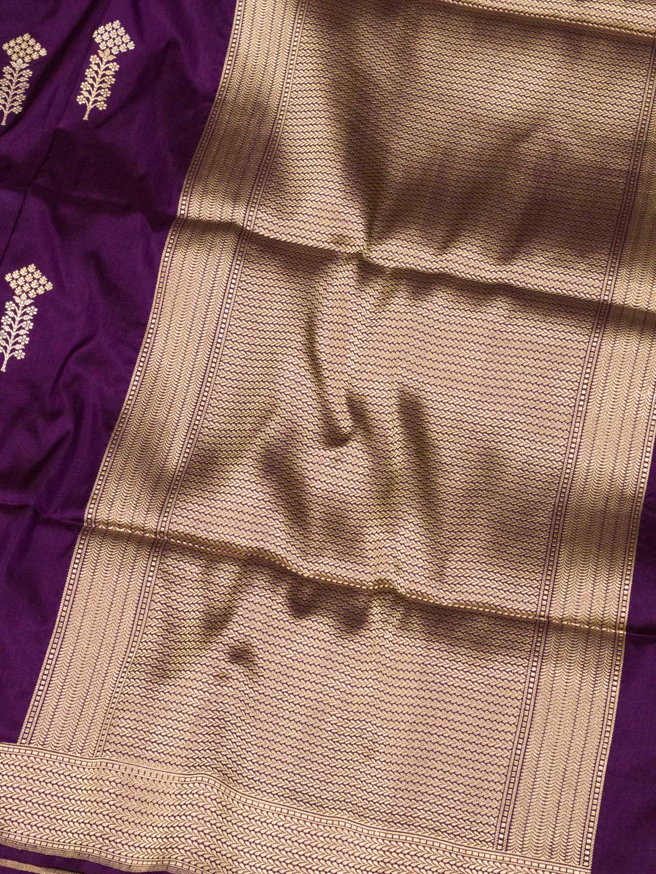 Magenta Purple Pure Katan Silk Handloom Saree Kadhwa Gold & Silver Zari Floral Buti