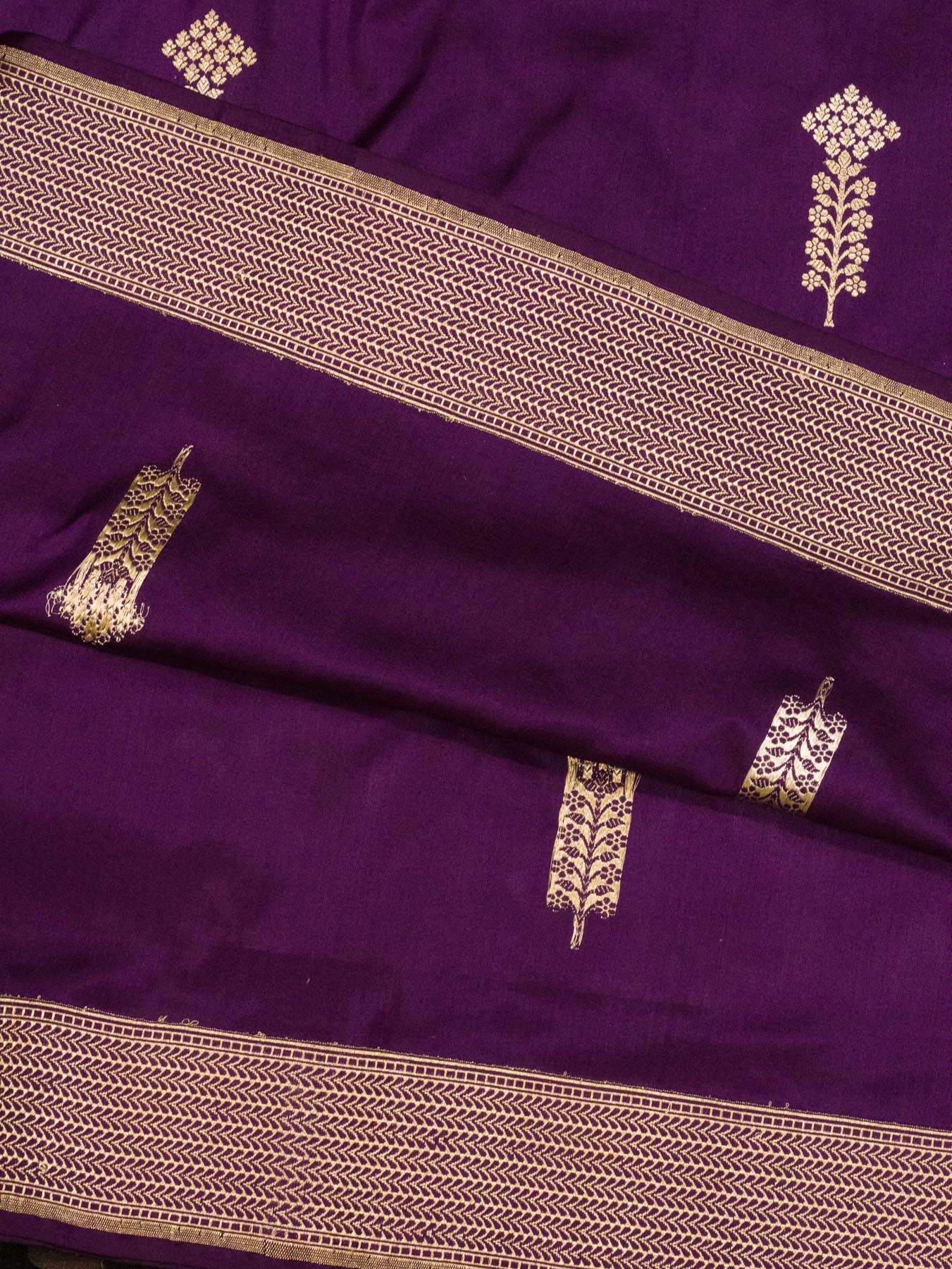 Magenta Purple Pure Katan Silk Handloom Saree Kadhwa Gold & Silver Zari Floral Buti