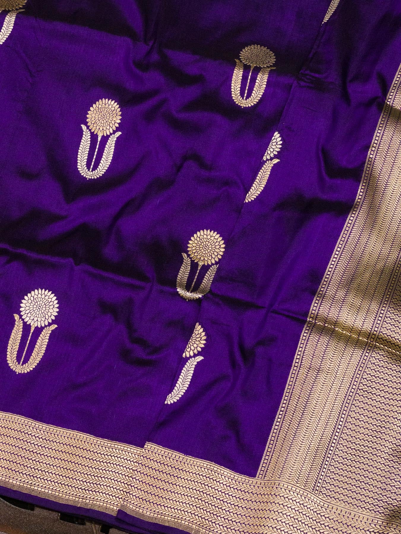 Purple Pure Katan Silk Handloom Saree Kadhwa Gold & Silver Zari Floral Buti