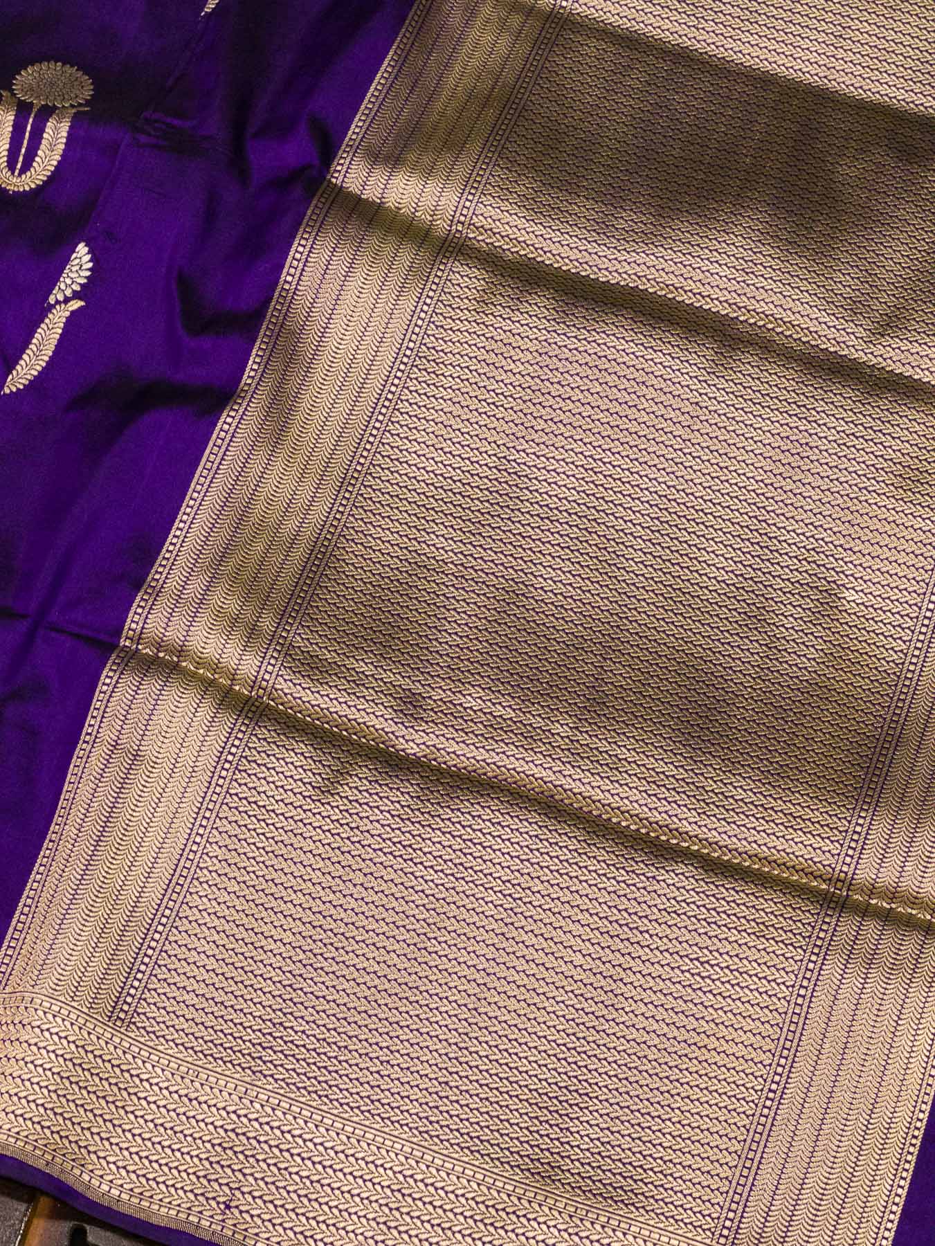 Purple Pure Katan Silk Handloom Saree Kadhwa Gold & Silver Zari Floral Buti