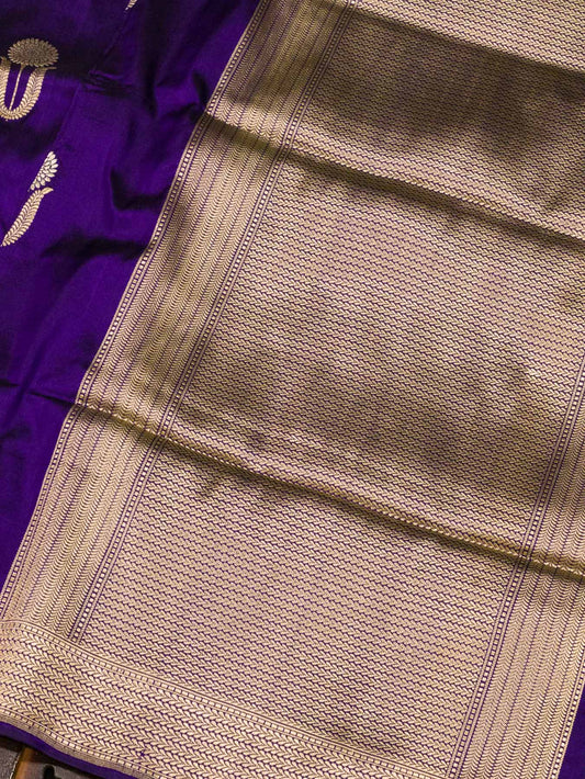 Purple Pure Katan Silk Handloom Saree Kadhwa Gold & Silver Zari Floral Buti