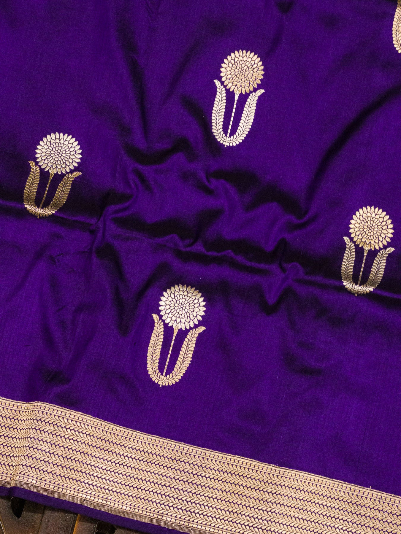 Purple Pure Katan Silk Handloom Saree Kadhwa Gold & Silver Zari Floral Buti