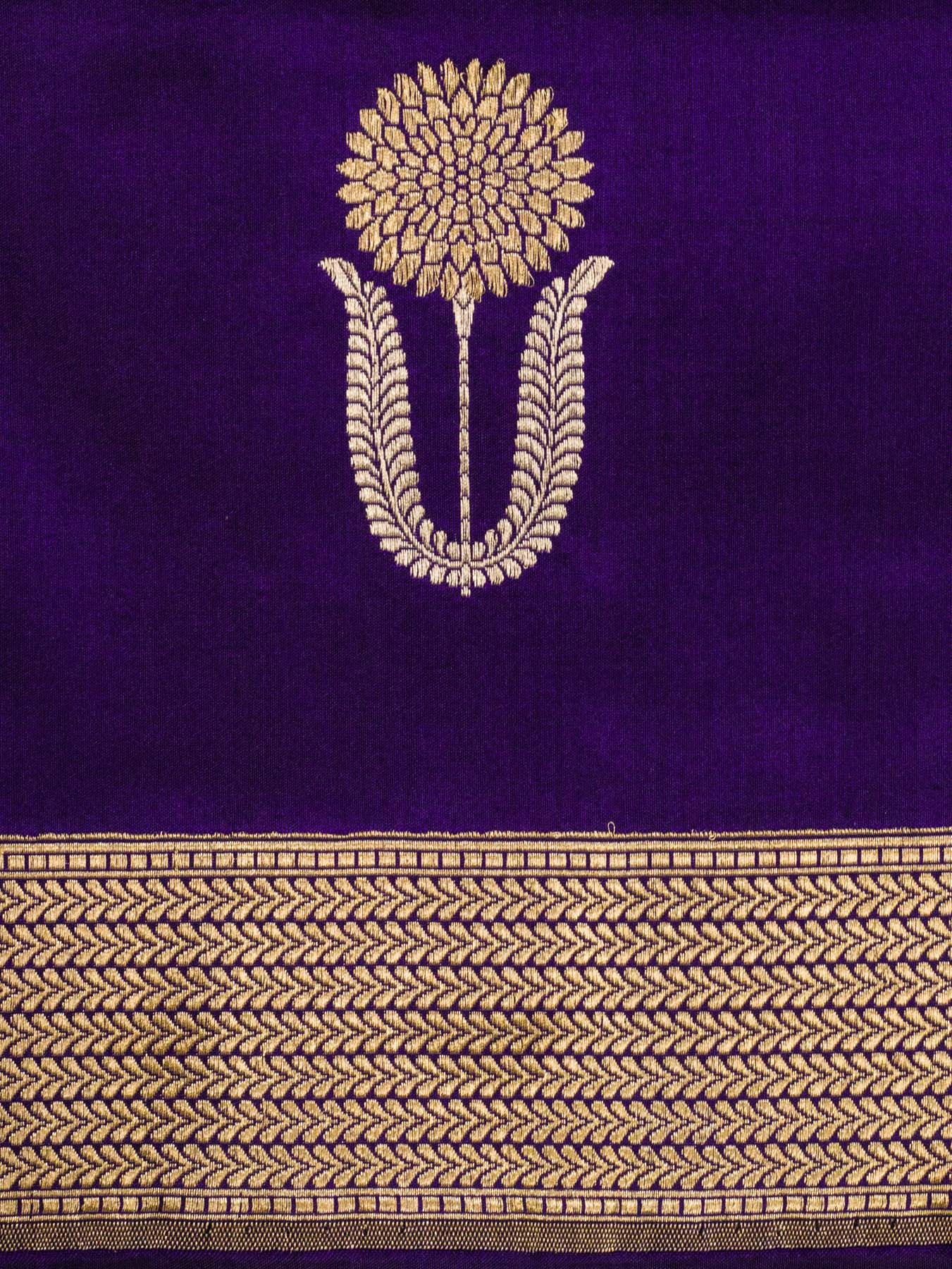 Purple Pure Katan Silk Handloom Saree Kadhwa Gold & Silver Zari Floral Buti