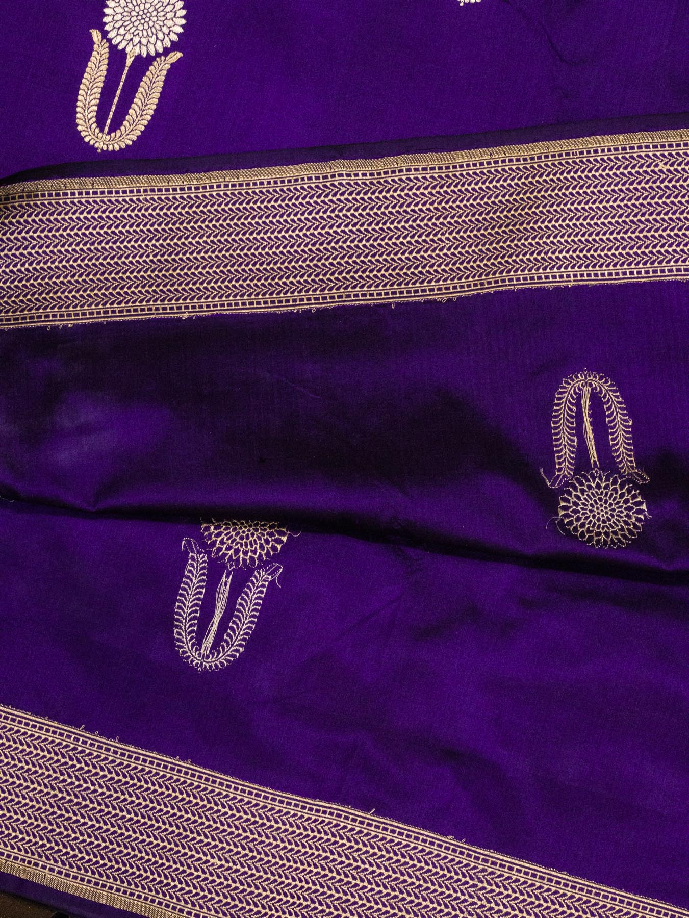 Purple Pure Katan Silk Handloom Saree Kadhwa Gold & Silver Zari Floral Buti