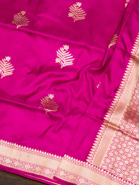 Rani Pink Pure Katan Silk Handloom Saree Kadhwa Gold & Silver Zari Floral Buti