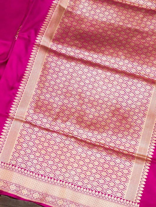 Rani Pink Pure Katan Silk Handloom Saree Kadhwa Gold & Silver Zari Floral Buti