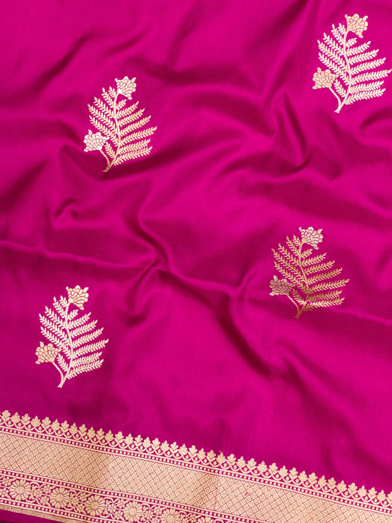 Rani Pink Pure Katan Silk Handloom Saree Kadhwa Gold & Silver Zari Floral Buti