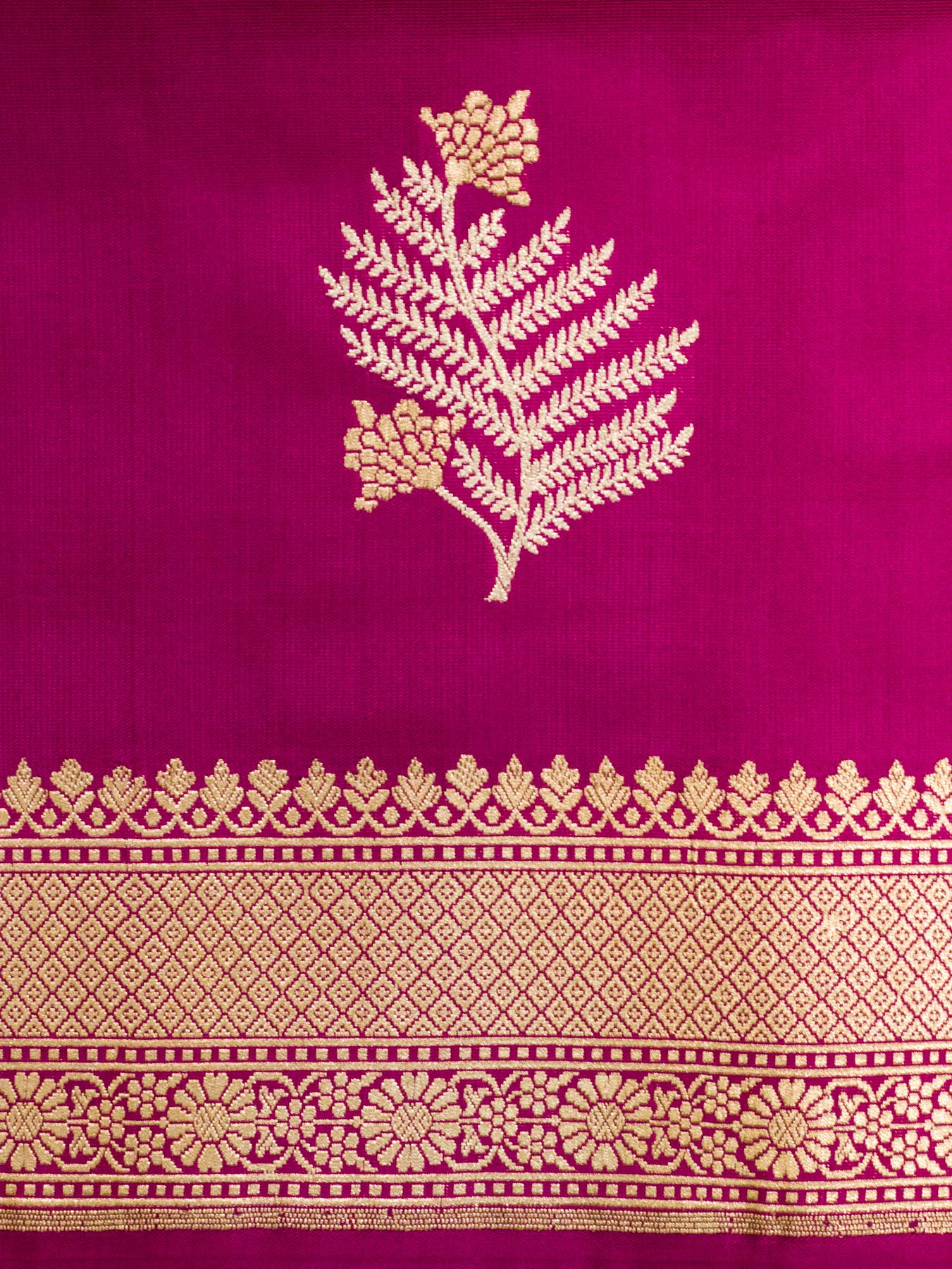 Rani Pink Pure Katan Silk Handloom Saree Kadhwa Gold & Silver Zari Floral Buti