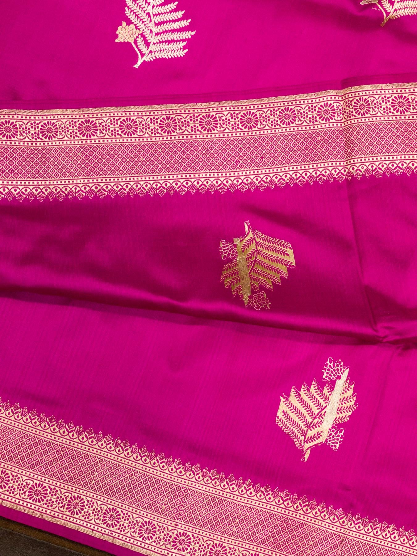 Rani Pink Pure Katan Silk Handloom Saree Kadhwa Gold & Silver Zari Floral Buti