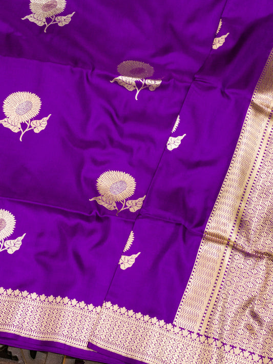 Uda Purple Pure Katan Silk Handloom Saree Kadhwa Gold & Silver Zari Buti