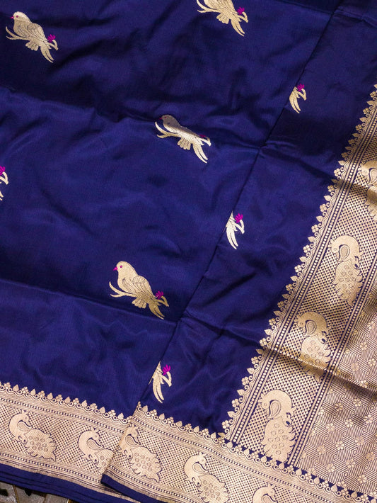 Navy Blue Pure Katan Silk Handloom Saree Kadhwa Gold & Silver Zari Shikargah Buti