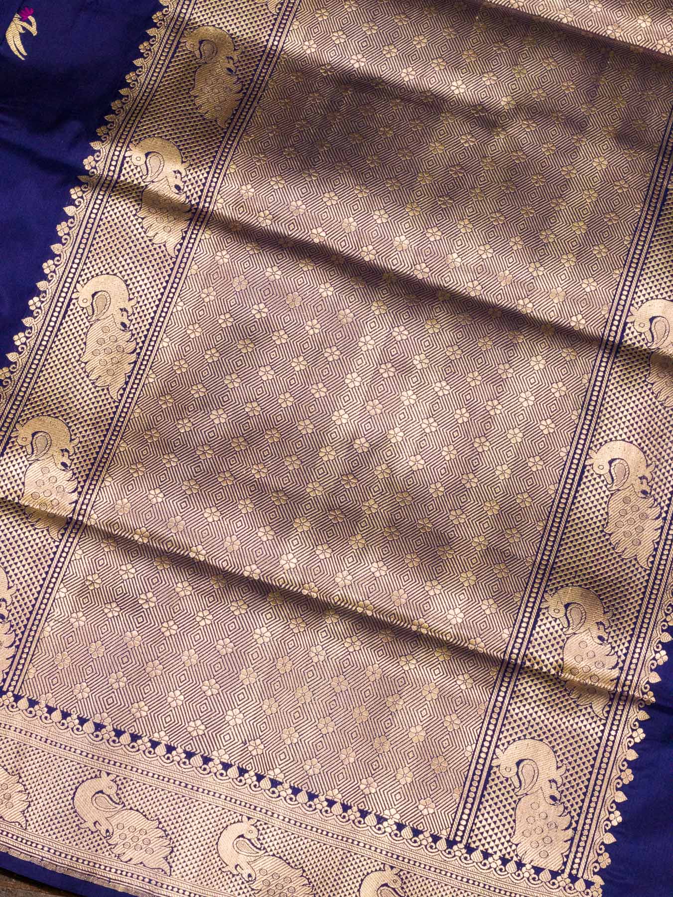 Navy Blue Pure Katan Silk Handloom Saree Kadhwa Gold & Silver Zari Shikargah Buti