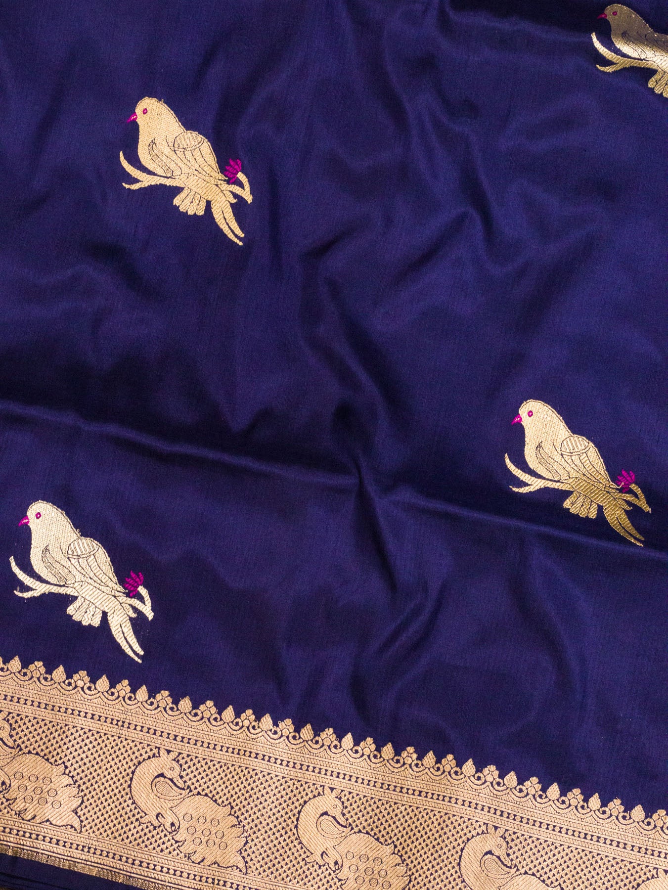 Navy Blue Pure Katan Silk Handloom Saree Kadhwa Gold & Silver Zari Shikargah Buti