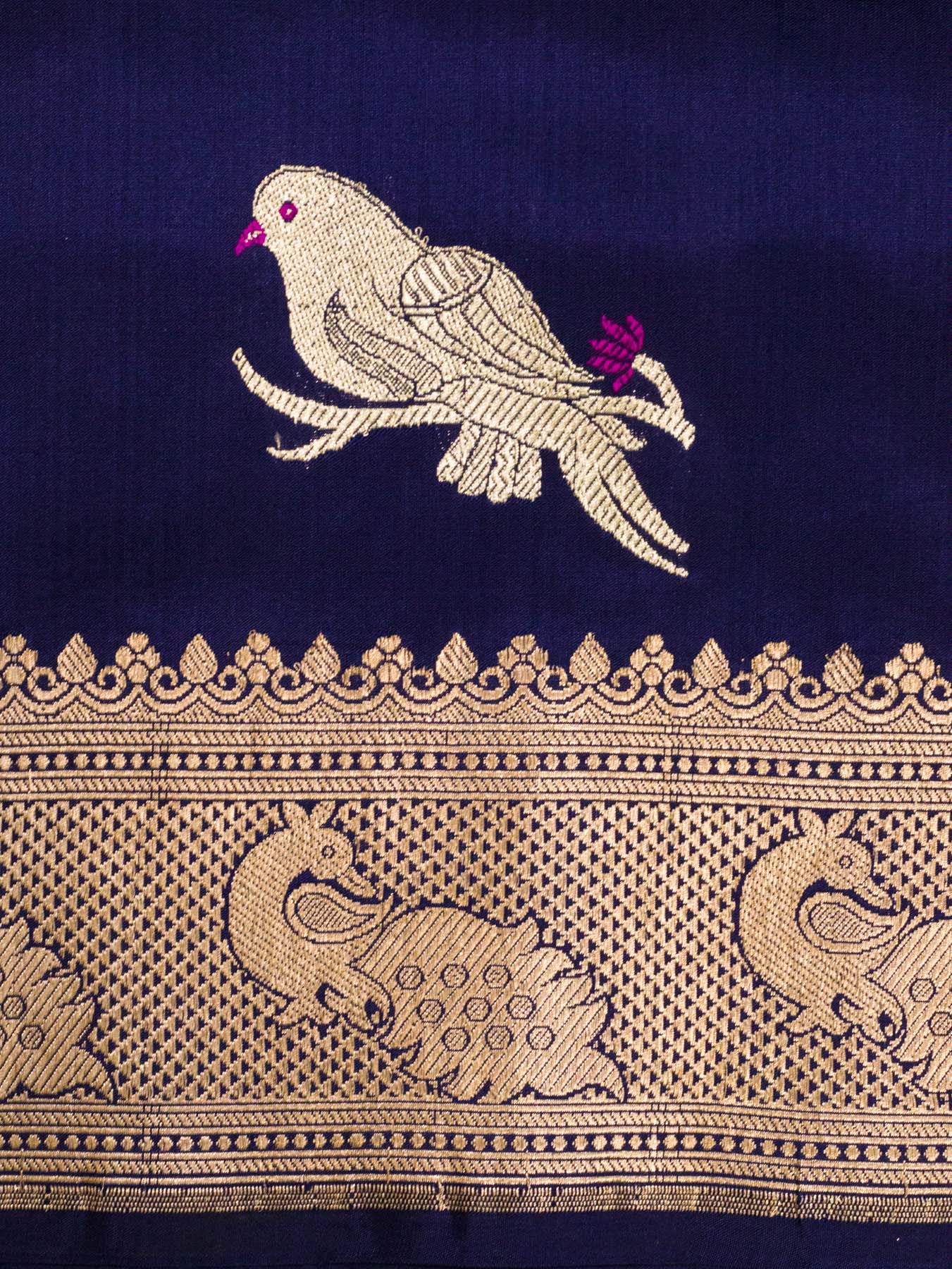 Navy Blue Pure Katan Silk Handloom Saree Kadhwa Gold & Silver Zari Shikargah Buti