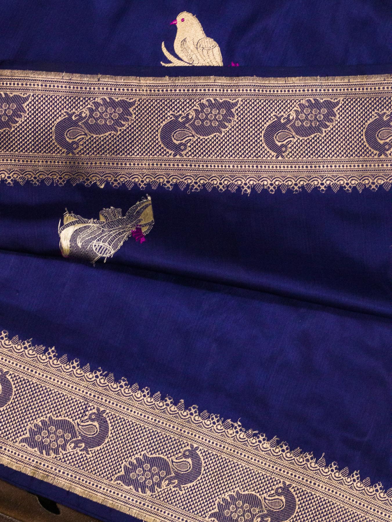 Navy Blue Pure Katan Silk Handloom Saree Kadhwa Gold & Silver Zari Shikargah Buti