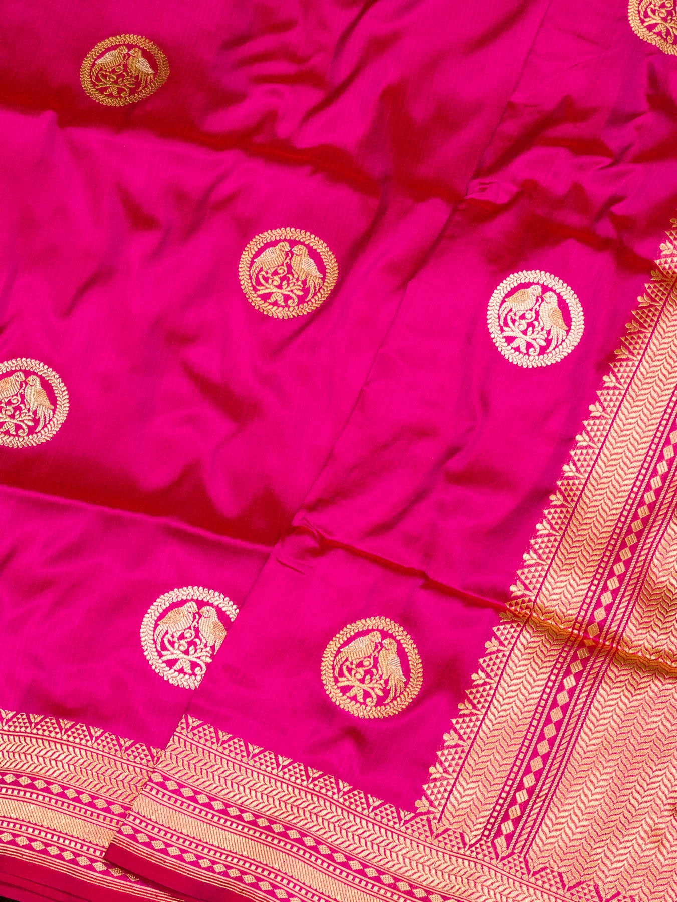 Bright Rani Pure Katan Silk Handloom Saree Kadhwa Gold & Silver Zari Shikargah Buti