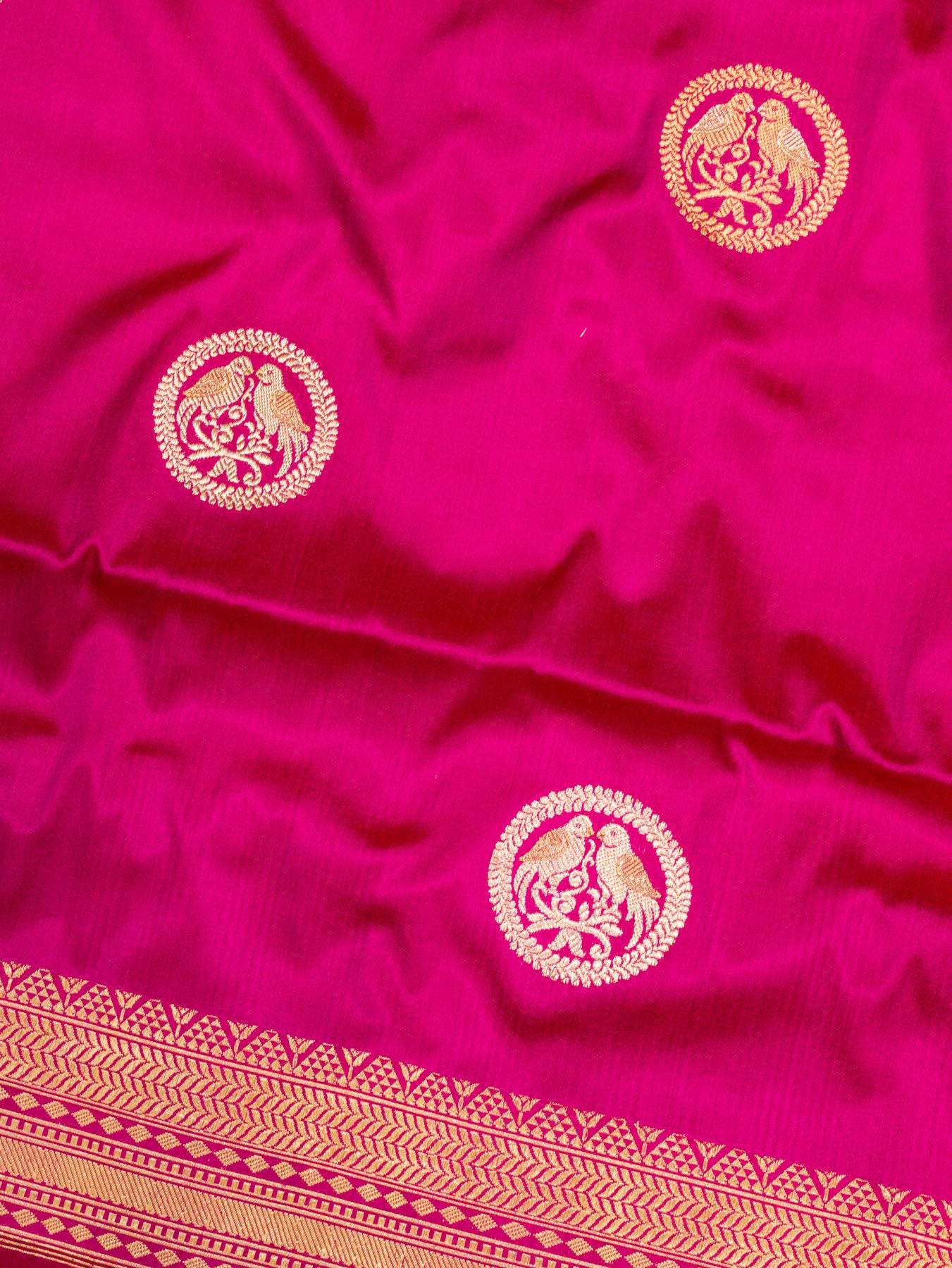 Bright Rani Pure Katan Silk Handloom Saree Kadhwa Gold & Silver Zari Shikargah Buti
