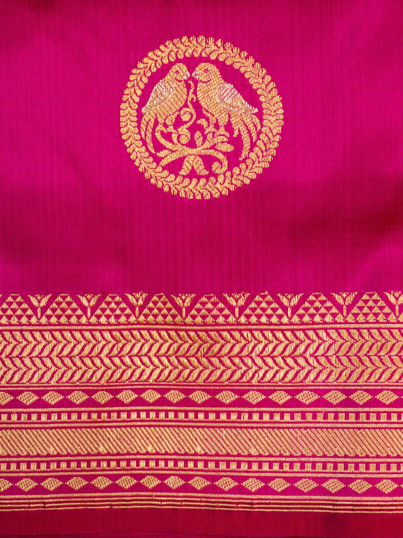 Bright Rani Pure Katan Silk Handloom Saree Kadhwa Gold & Silver Zari Shikargah Buti