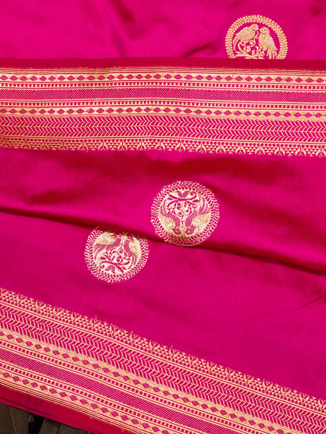 Bright Rani Pure Katan Silk Handloom Saree Kadhwa Gold & Silver Zari Shikargah Buti