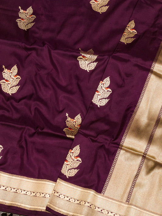 Deep Garnet Pure Katan Silk Handloom Saree Kadhwa Gold & Silver Zari Shikargah Buti