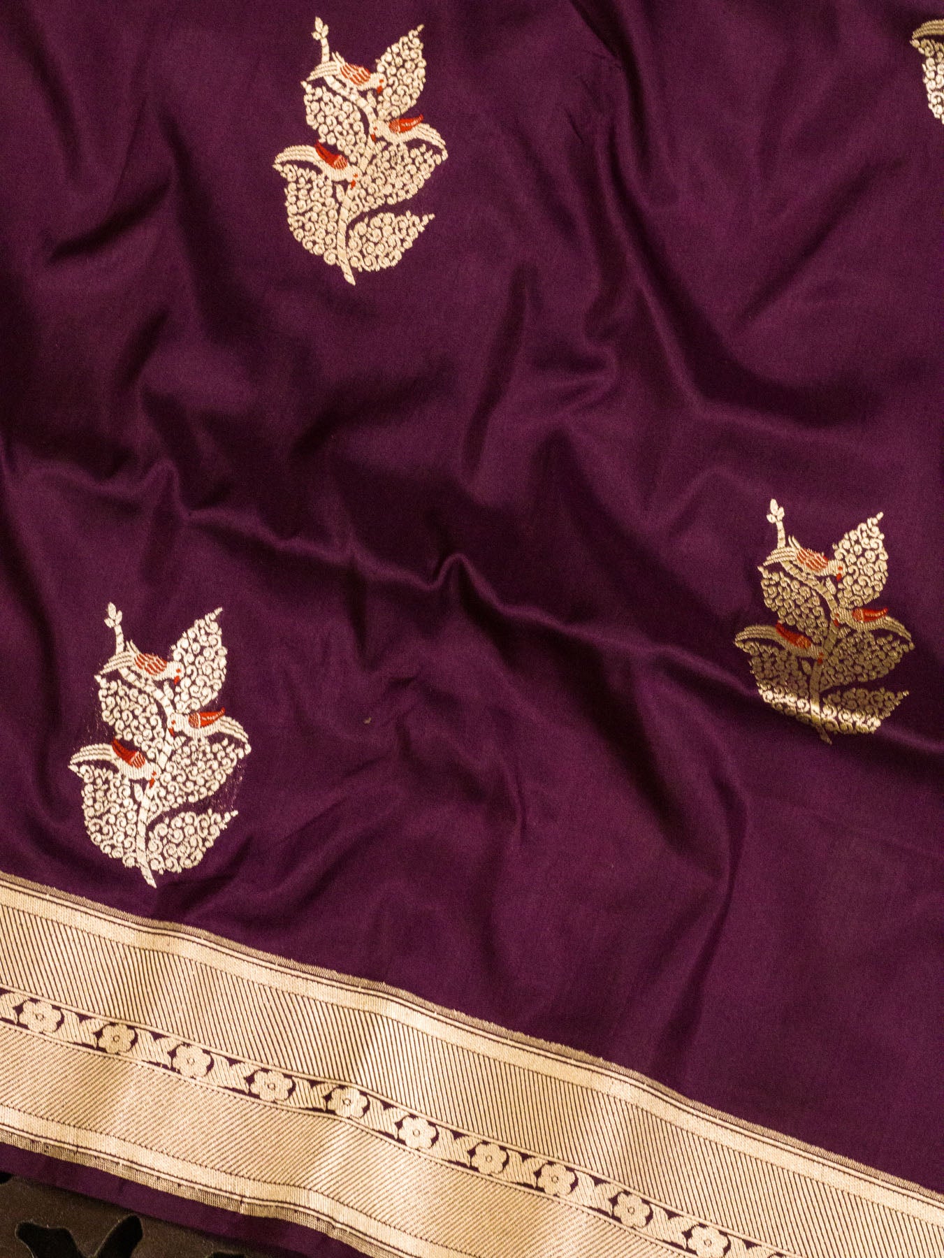 Deep Garnet Pure Katan Silk Handloom Saree Kadhwa Gold & Silver Zari Shikargah Buti