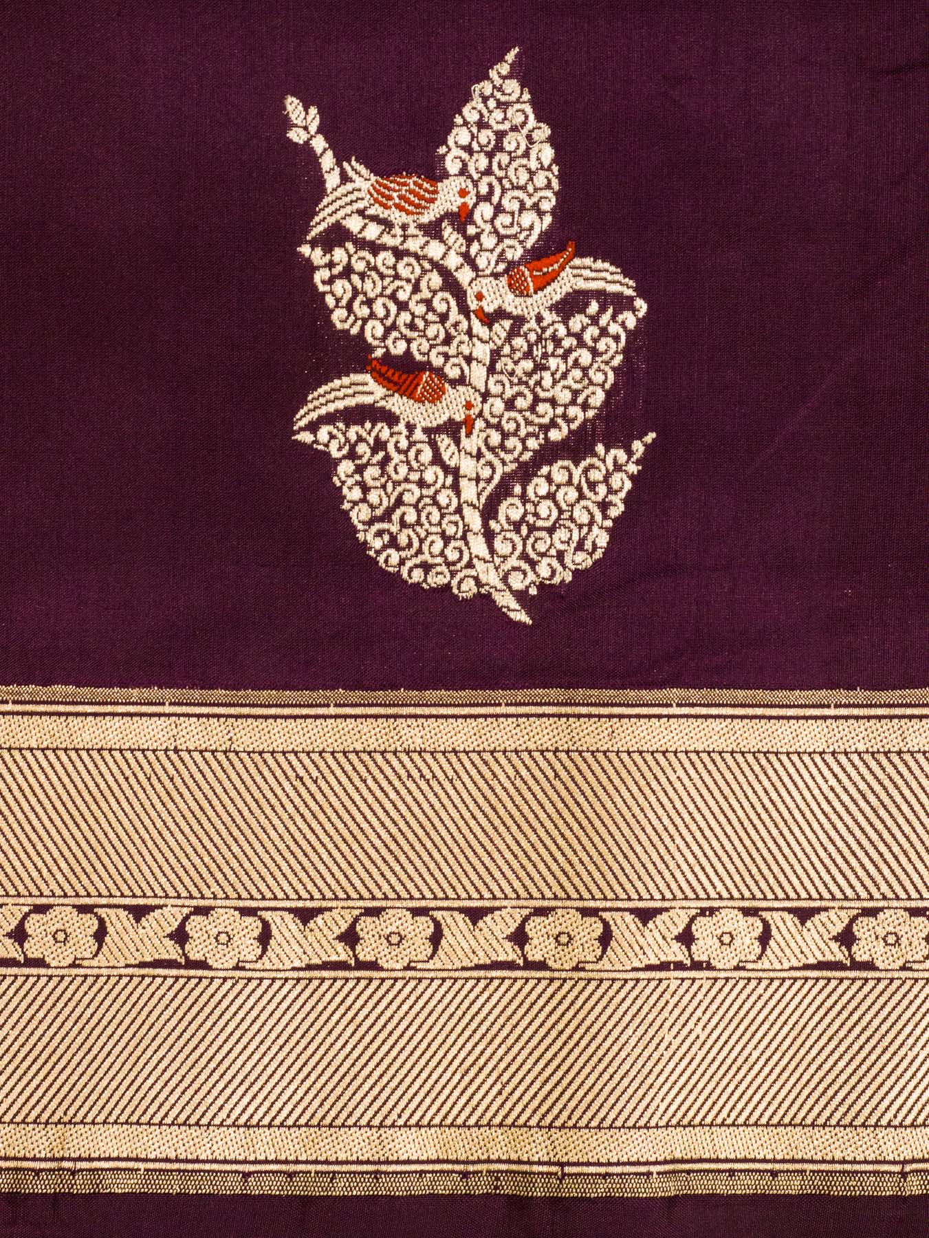 Deep Garnet Pure Katan Silk Handloom Saree Kadhwa Gold & Silver Zari Shikargah Buti