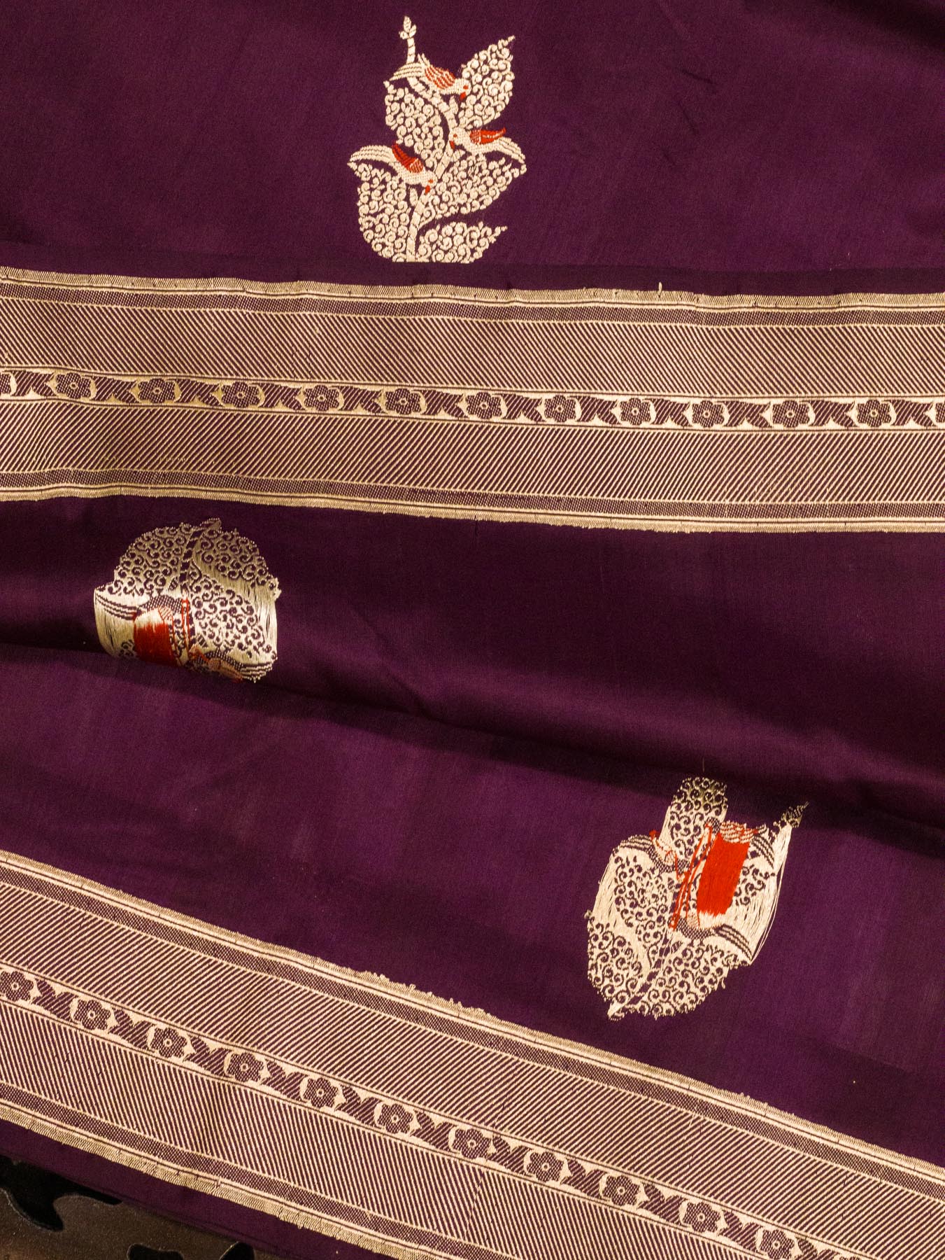 Deep Garnet Pure Katan Silk Handloom Saree Kadhwa Gold & Silver Zari Shikargah Buti