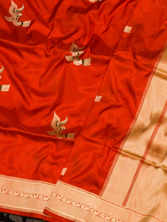 Bright Red Pure Katan Silk Handloom Saree Kadhwa Gold & Silver Zari Shikargah Buti