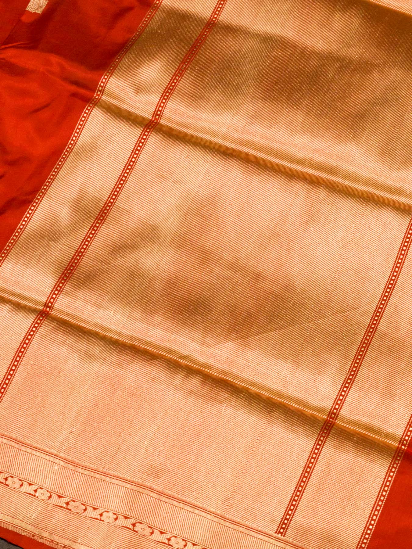 Bright Red Pure Katan Silk Handloom Saree Kadhwa Gold & Silver Zari Shikargah Buti