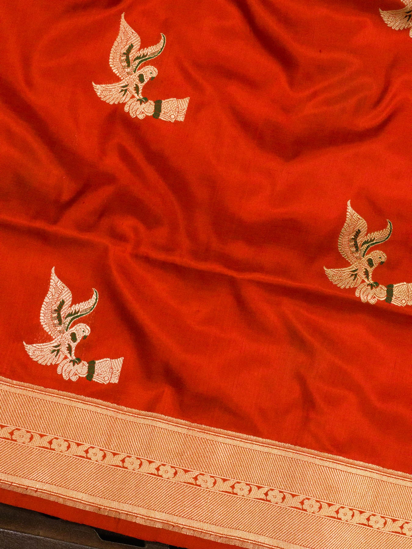 Bright Red Pure Katan Silk Handloom Saree Kadhwa Gold & Silver Zari Shikargah Buti