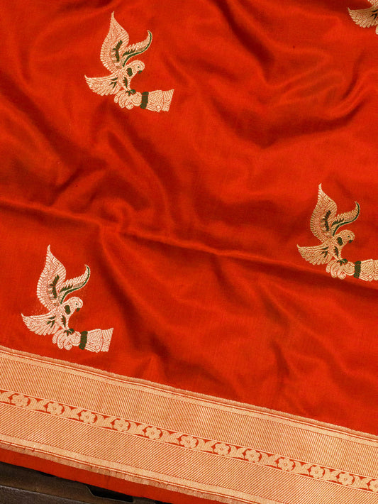 Bright Red Pure Katan Silk Handloom Saree Kadhwa Gold & Silver Zari Shikargah Buti